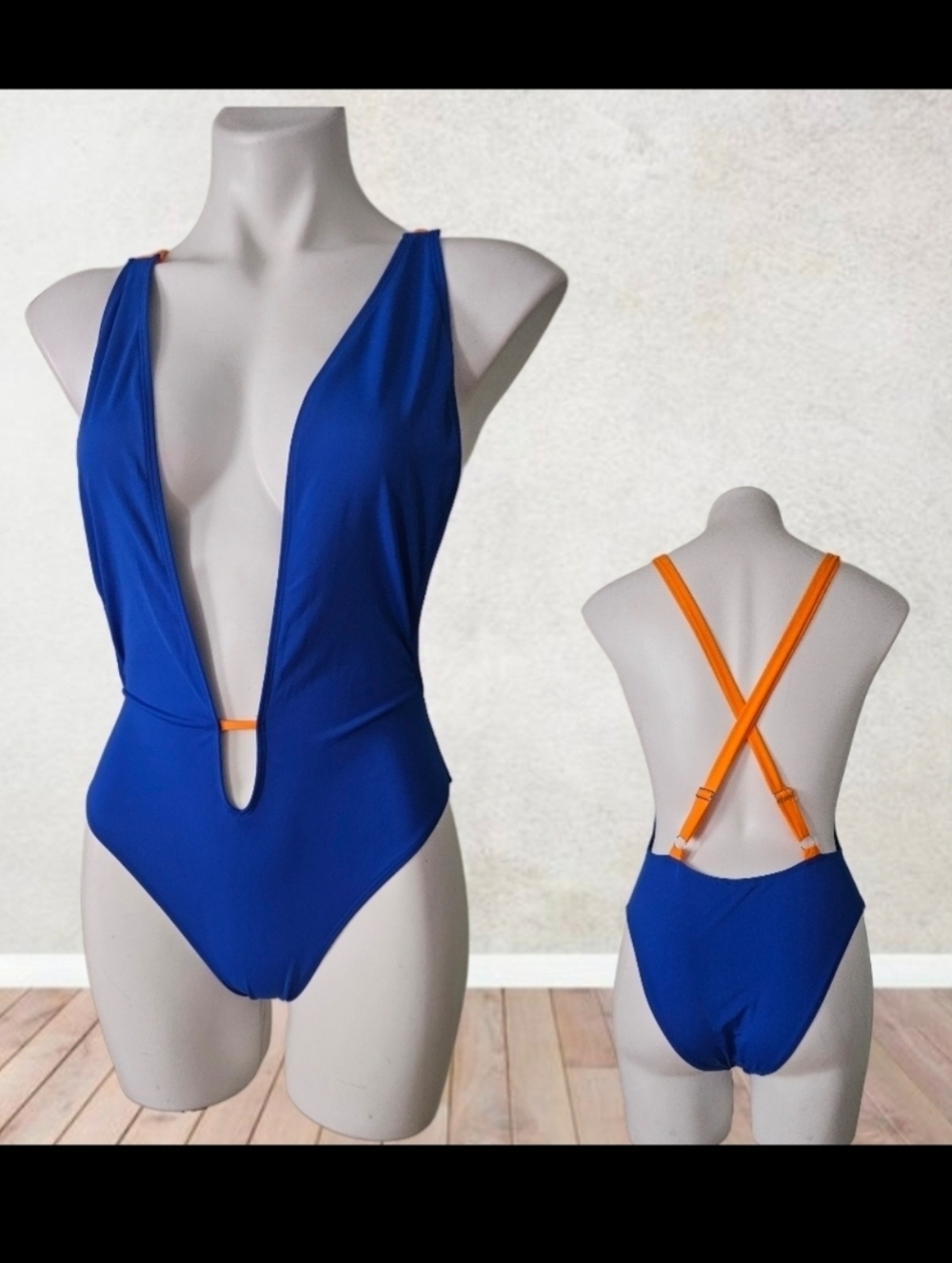 NWOT/ ICON SWIM Deep V One-Piece Swimsuit in Royal Blue with Orange Straps LARGE